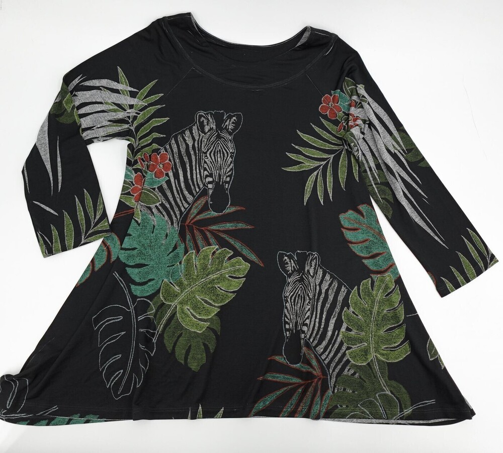 Jess & Jane Top Womens Large Black Graphic Zebra Tropical Floral Long Sleeve